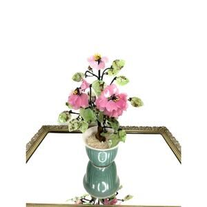 Beautiful Vintage Jade Glass Bonsai Tree Pink Flower Rose, Green Celadon Pot